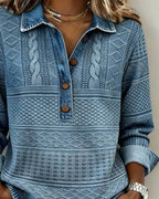 Pull Femme En Maille Effet Denim À Col Polo Boutonné