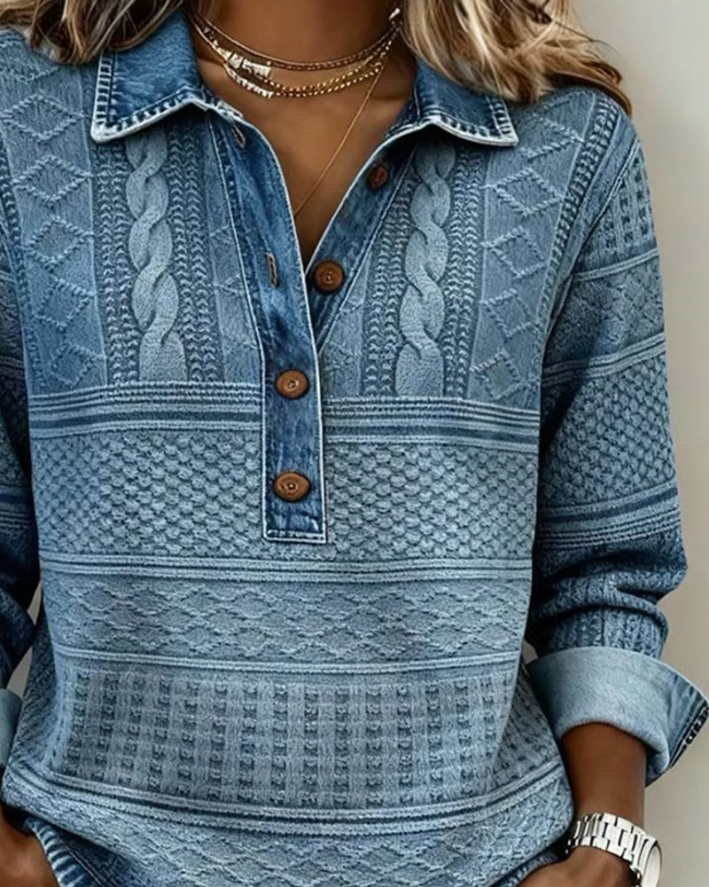 Pull Femme En Maille Effet Denim À Col Polo Boutonné