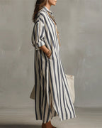 Robe maxi rayée à col revers et manches longues pour femme