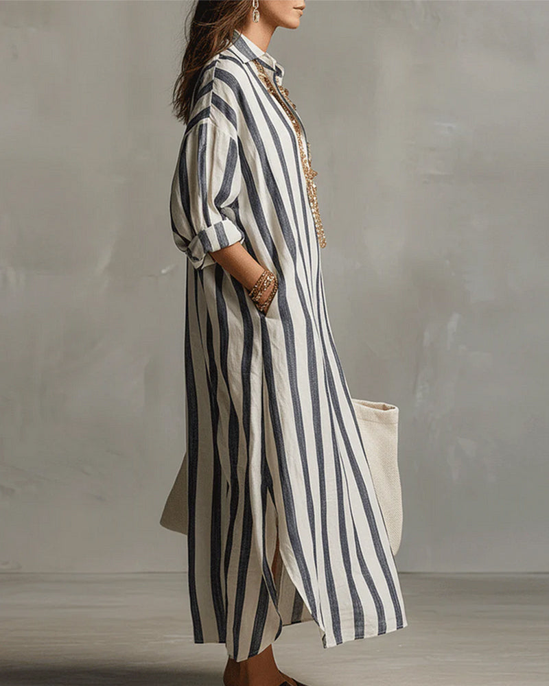 Robe maxi rayée à col revers et manches longues pour femme