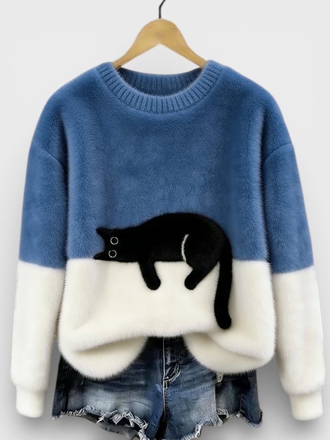 Pull Femme En Coton À Imprimé Chat Et Coupe Ample