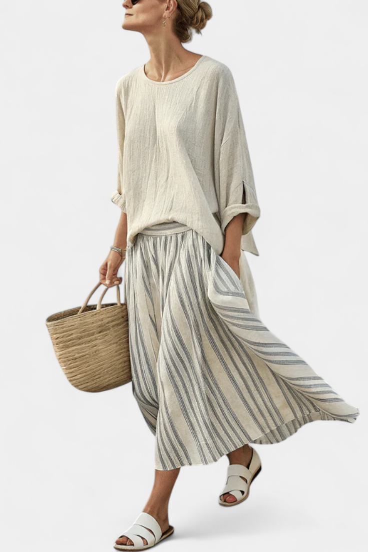 Ensemble Femme Blouse Ample Et Jupe Midi Rayée En Lin