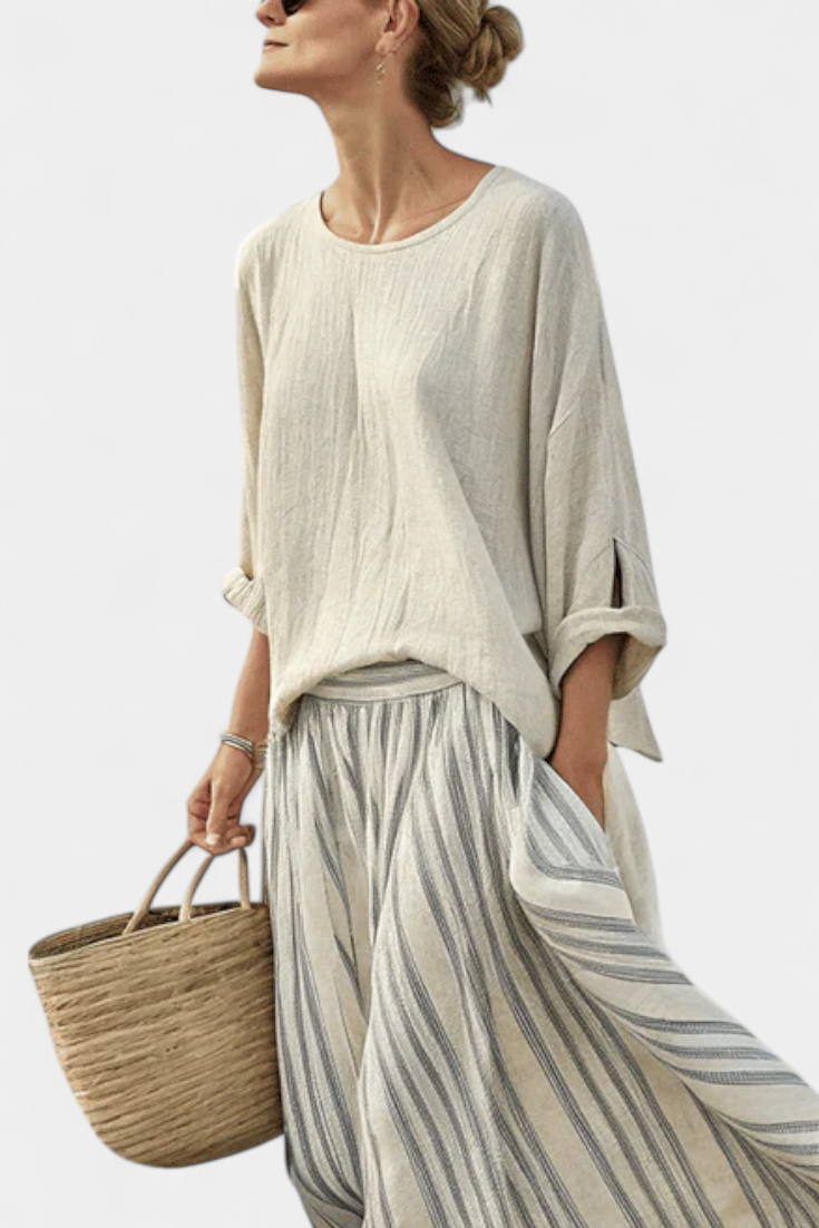 Ensemble Femme Blouse Ample Et Jupe Midi Rayée En Lin