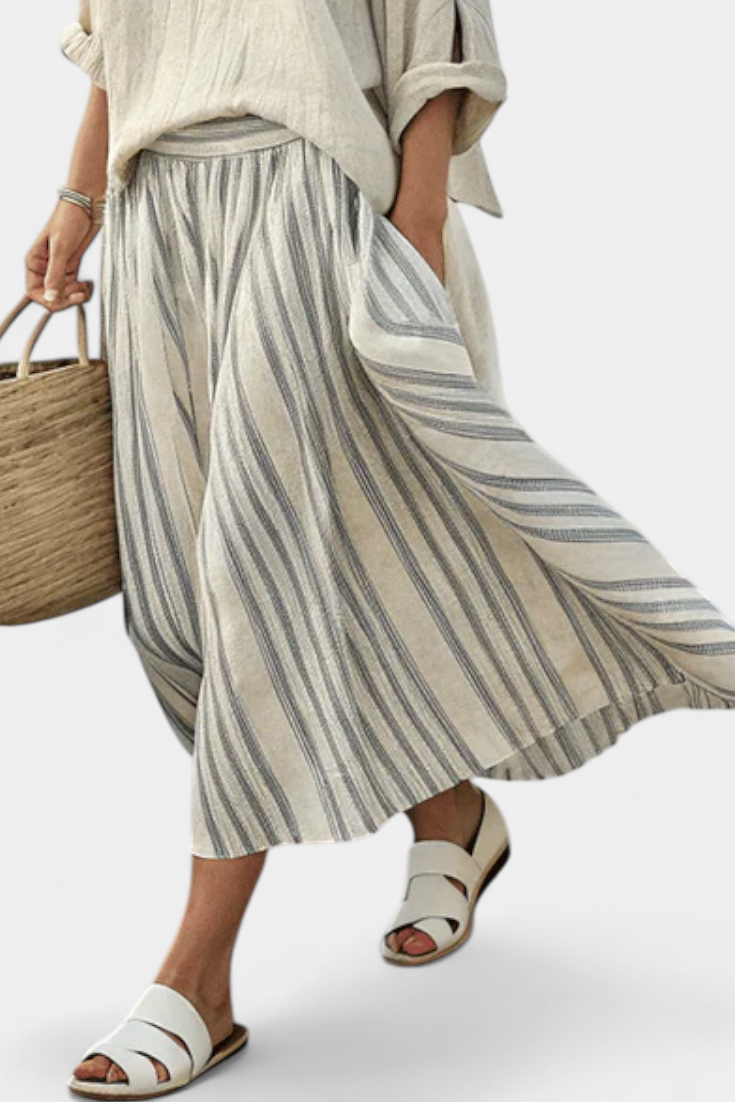 Ensemble Femme Blouse Ample Et Jupe Midi Rayée En Lin