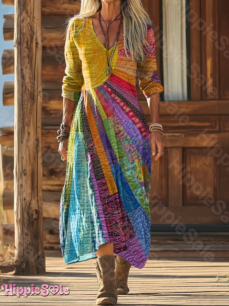 Robe bohème patchwork multicolore en coton et lin pour femme
