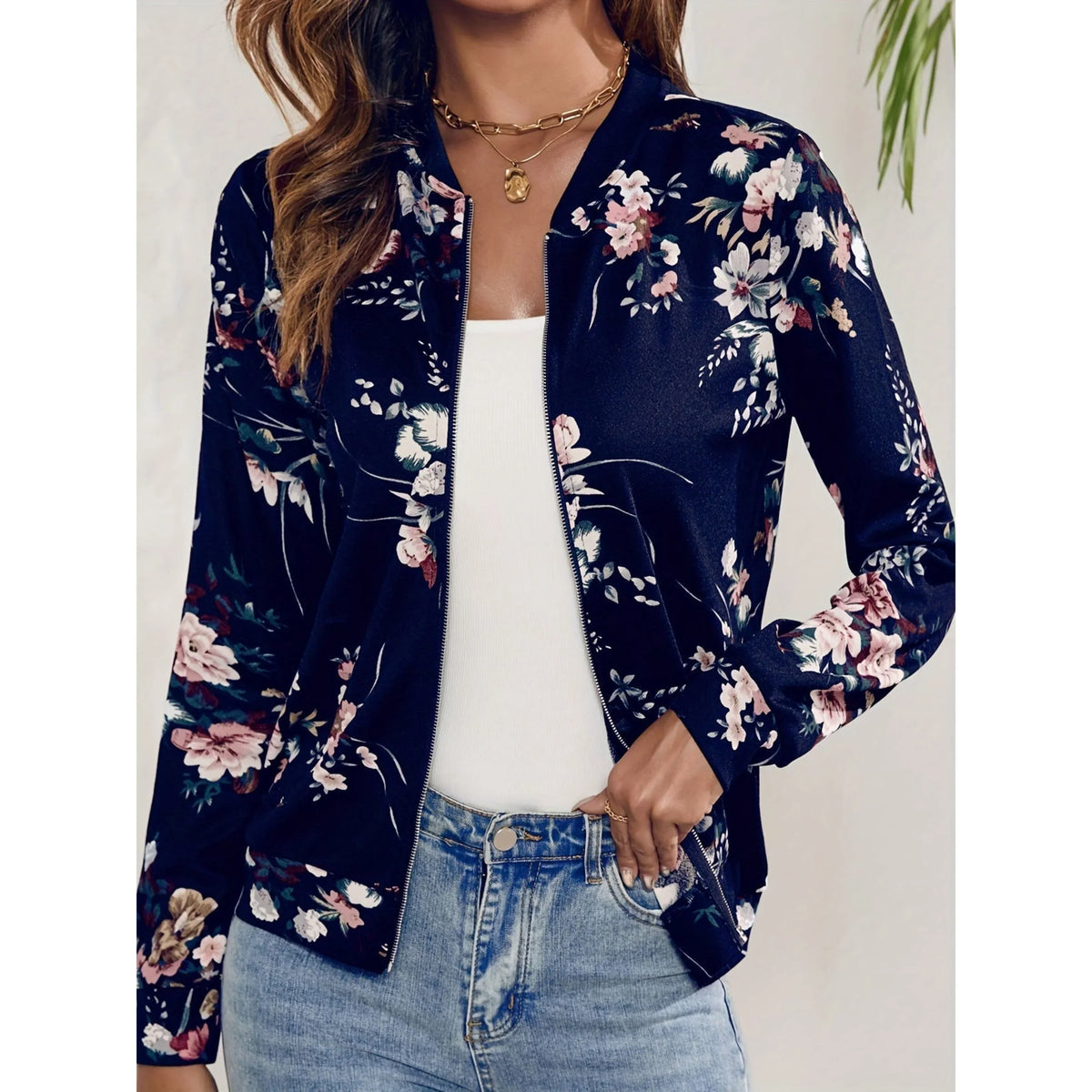 Blouson Aviateur Femme À Imprimé Fleuri Et Zip