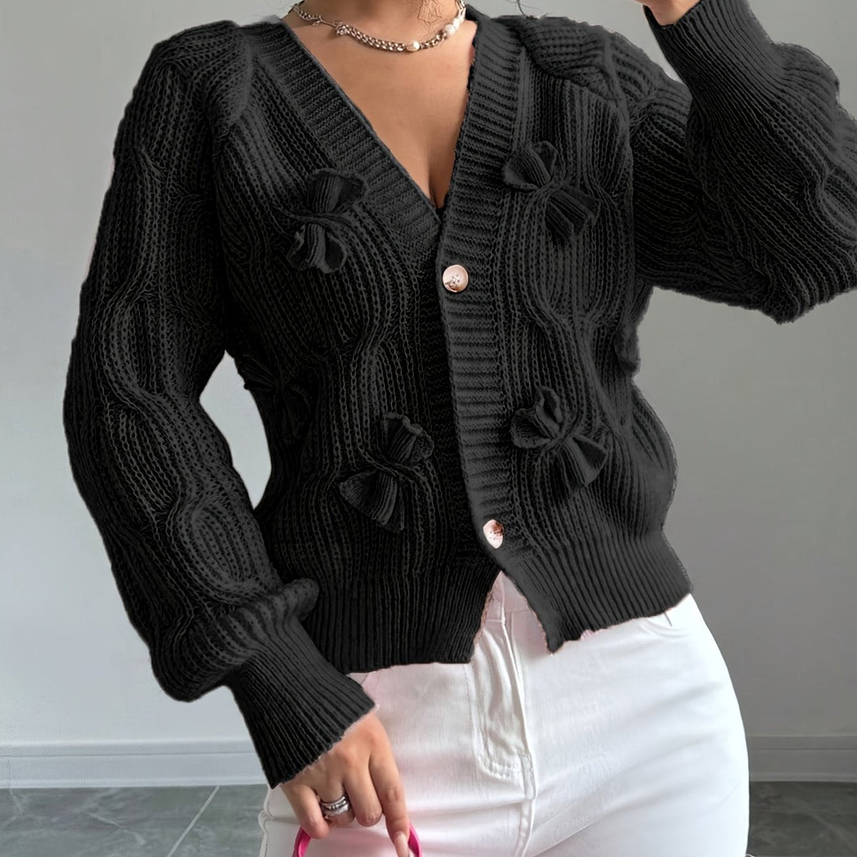 Cardigan boutonné à nœuds délicats pour femme