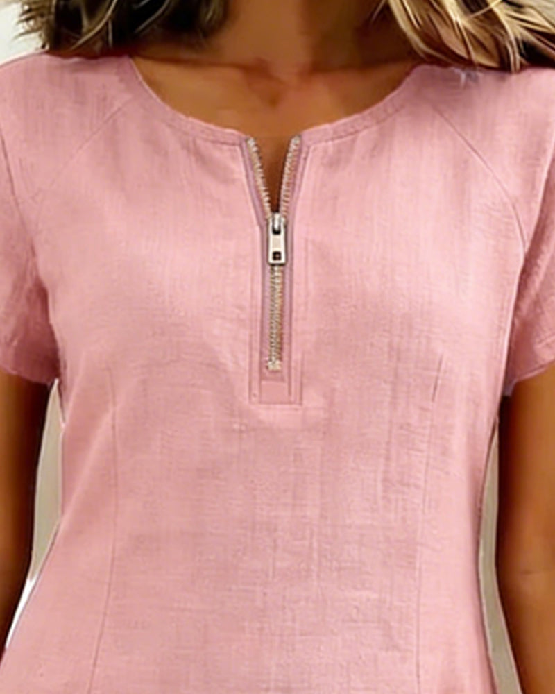 Robe courte coupe A-line en coton et lin à fermeture zippée pour femme