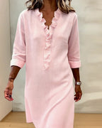 Robe Lin Femme À Col V Et Volants Manches Longues