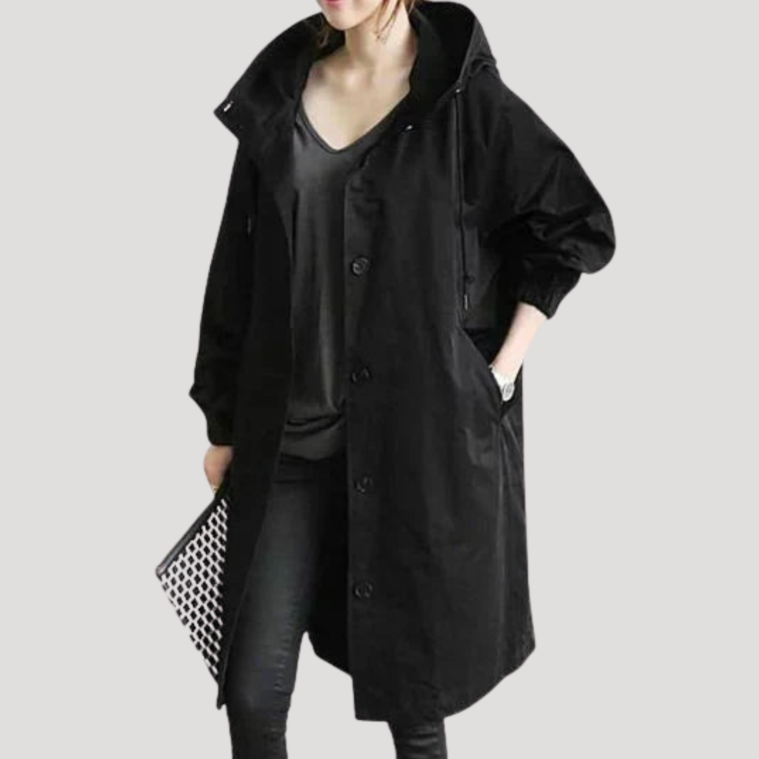Manteau Long Femme Boutonné À Capuche Ajustable