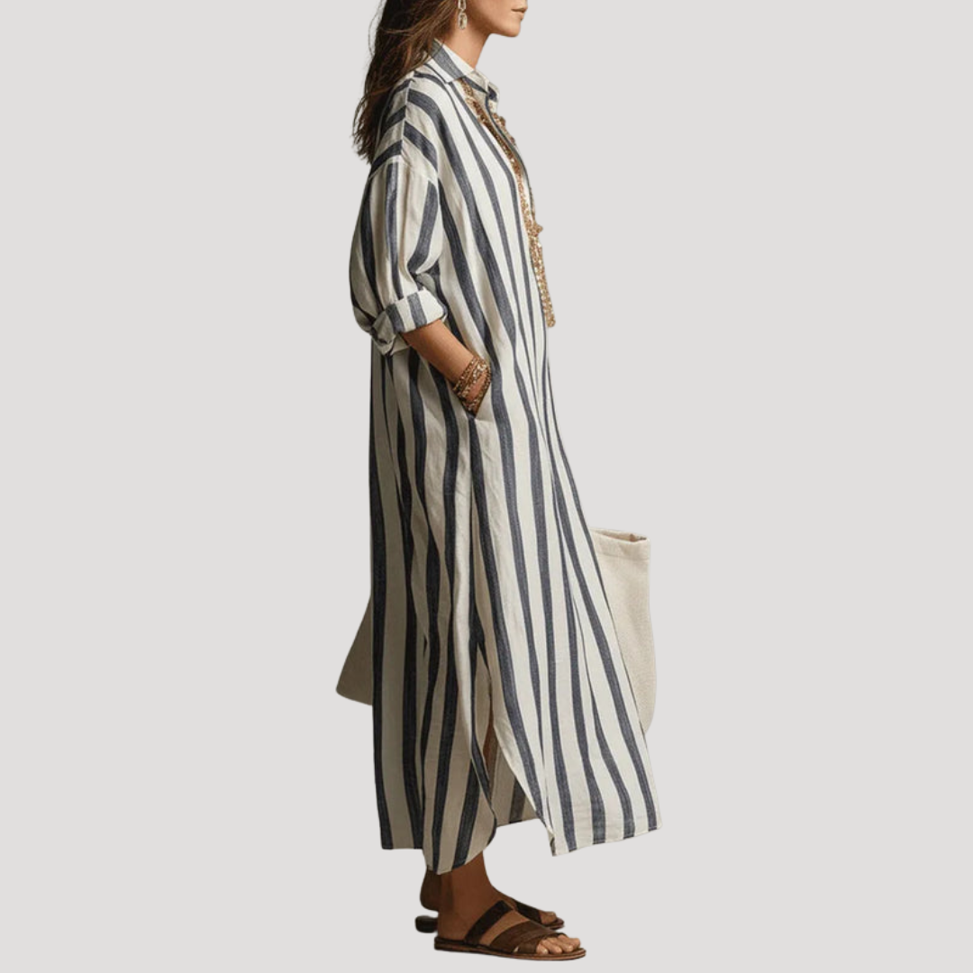 Robe Chemise Femme Longue En Lin Rayé À Manches Retroussables