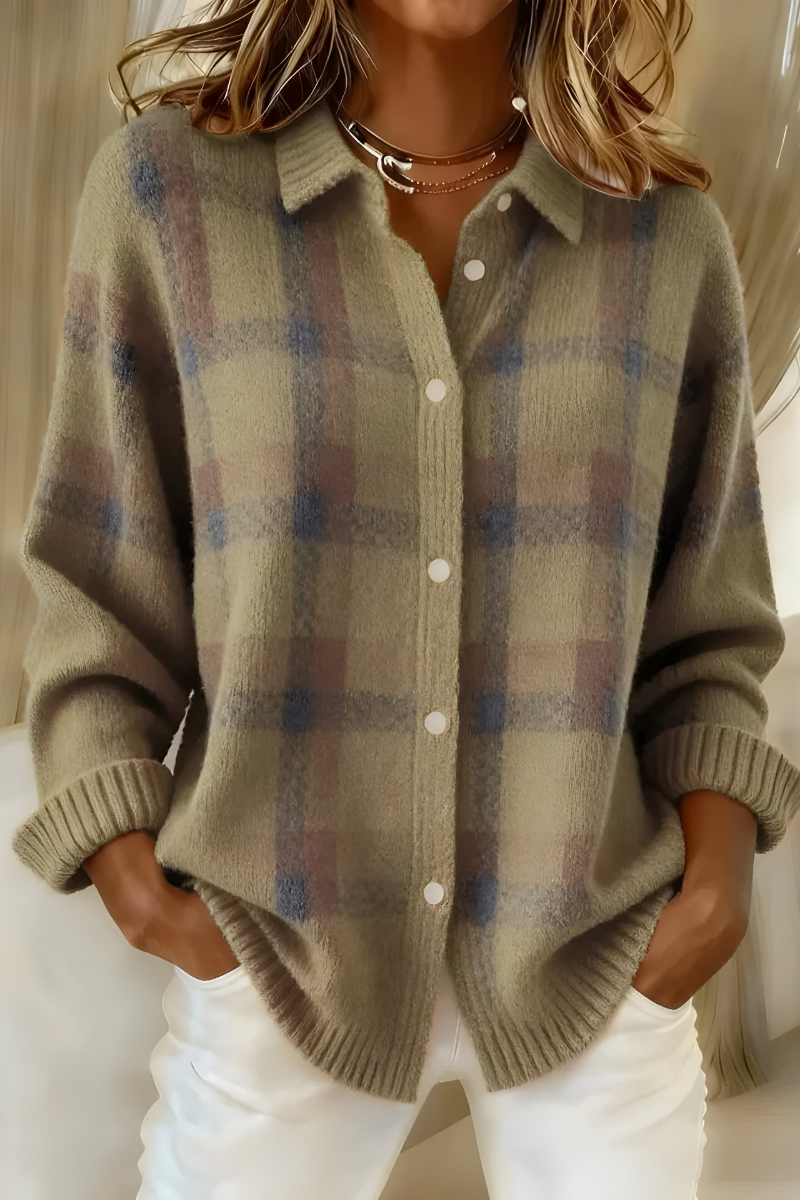 Cardigan Femme À Carreaux En Maille Douce Coupe Ample