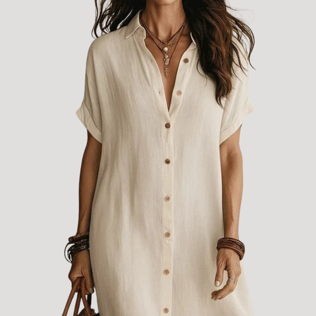 Robe Chemise Longue Femme Col V Boutonnée Manches Courtes