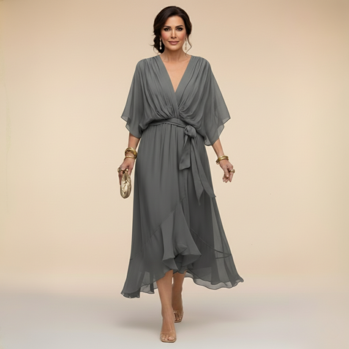 Robe en chiffon fluide col V ceinturée pour femme