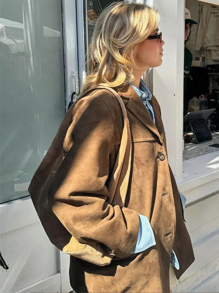 Blazer Femme Oversize En Daim Marron À Revers Larges