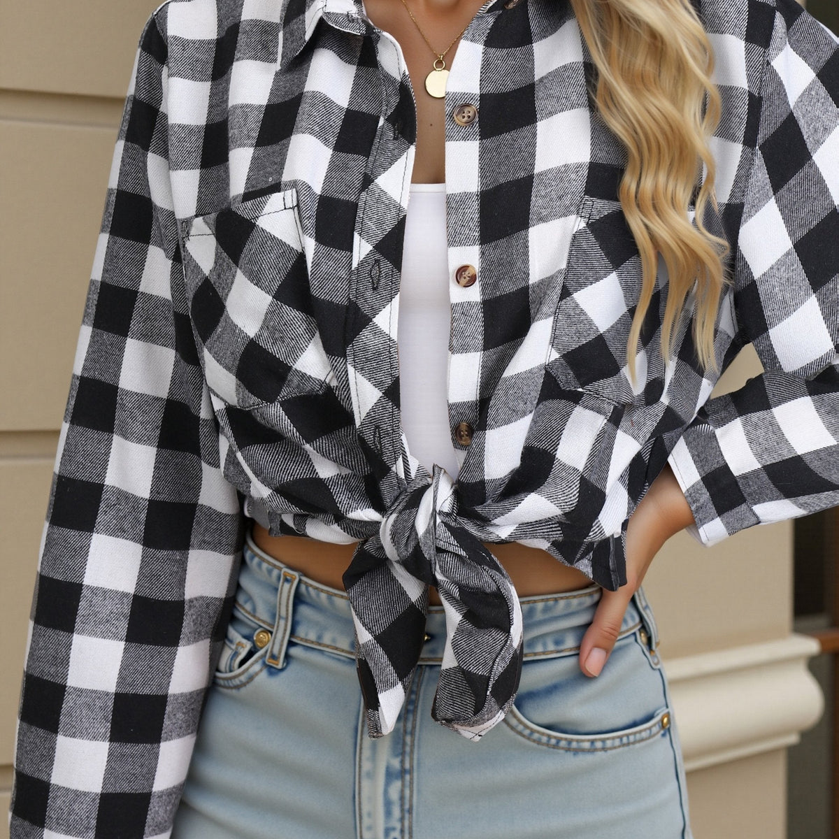 Chemise à carreaux avec poches poitrine coupe décontractée pour femme