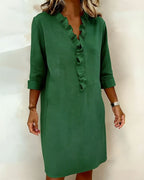 Robe Lin Femme À Col V Et Volants Manches Longues