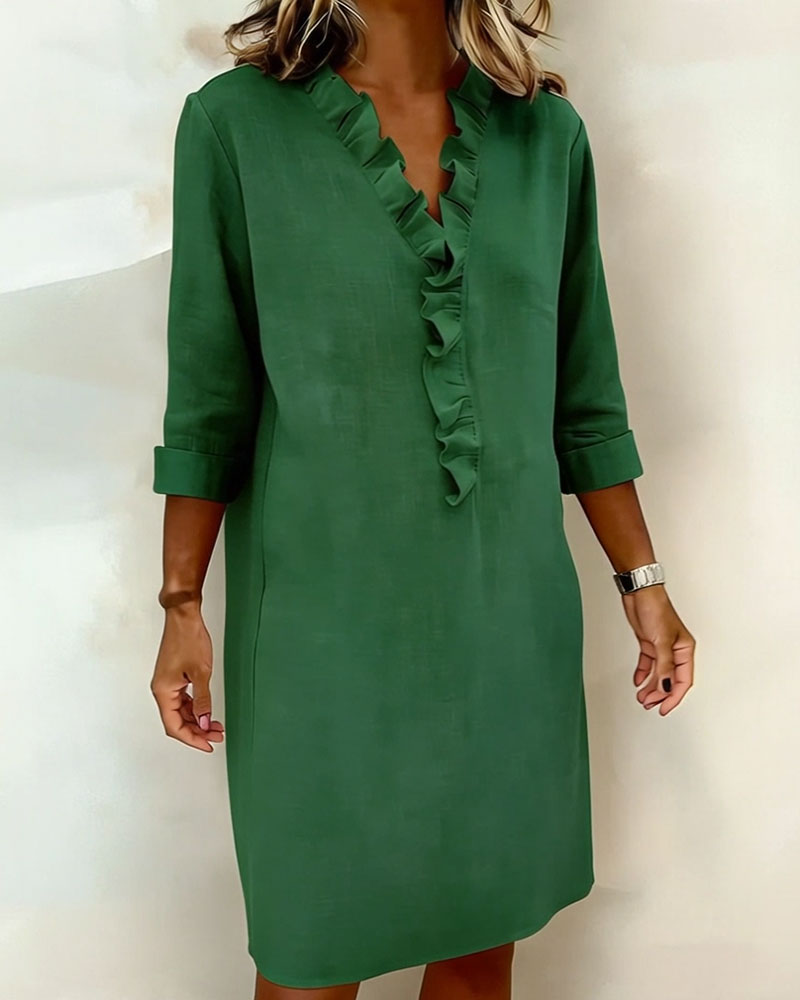 Robe Lin Femme À Col V Et Volants Manches Longues