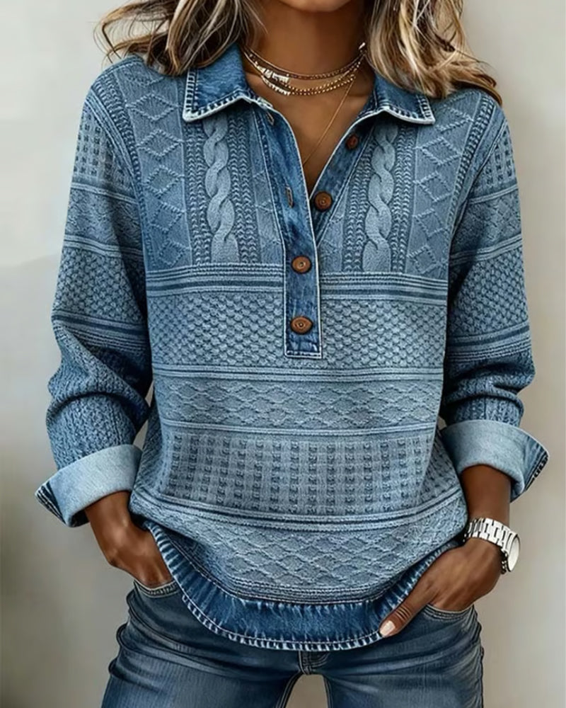Pull Femme En Maille Effet Denim À Col Polo Boutonné