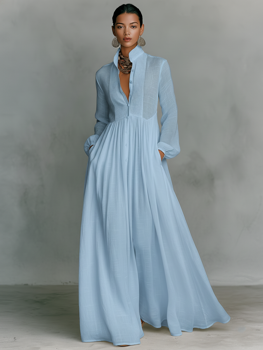 Robe Longue Femme En Coton Et Lin Col Montant Manches Longues