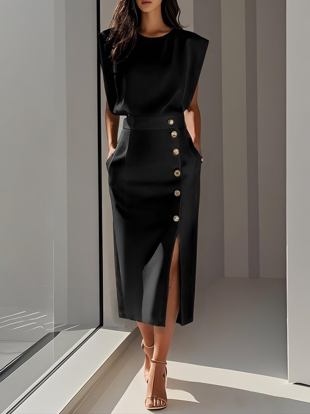 Robe midi unie décolleté rond et fente boutonnée pour femme