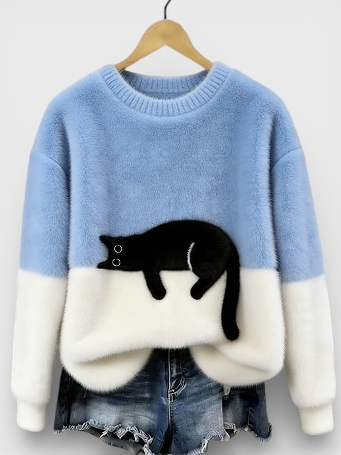 Pull Femme En Coton À Imprimé Chat Et Coupe Ample