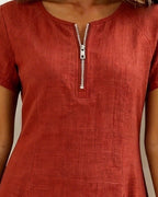 Robe courte coupe A-line en coton et lin à fermeture zippée pour femme