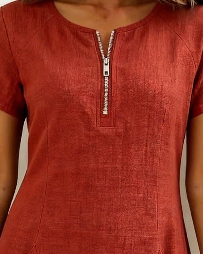 Robe courte coupe A-line en coton et lin à fermeture zippée pour femme