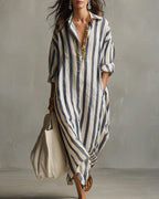 Robe maxi rayée à col revers et manches longues pour femme
