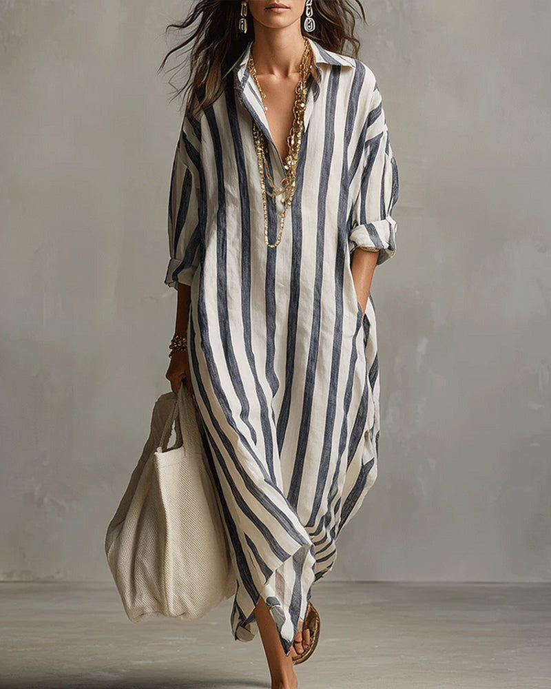 Robe maxi rayée à col revers et manches longues pour femme