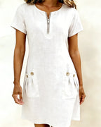 Robe courte coupe A-line en coton et lin à fermeture zippée pour femme