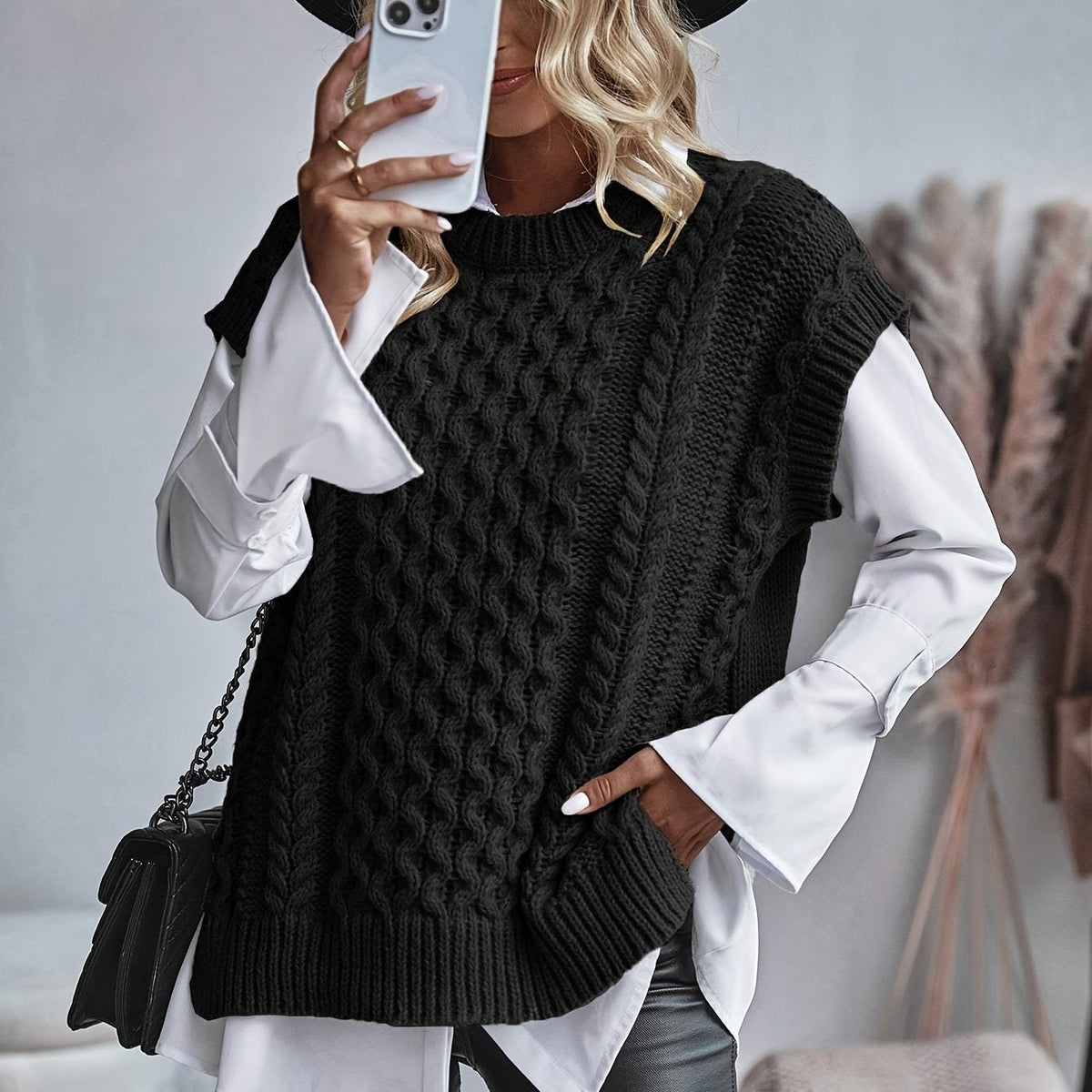 Débardeur long en maille torsadée à col rond pour femme