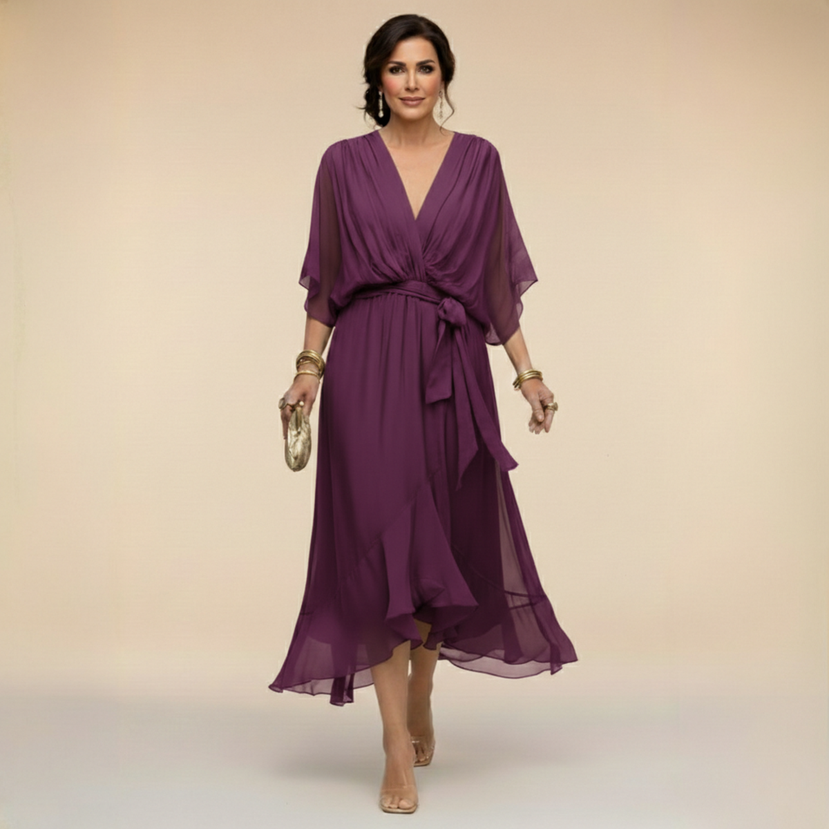 Robe en chiffon fluide col V ceinturée pour femme