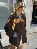 Blazer Femme Oversize En Daim Marron À Revers Larges