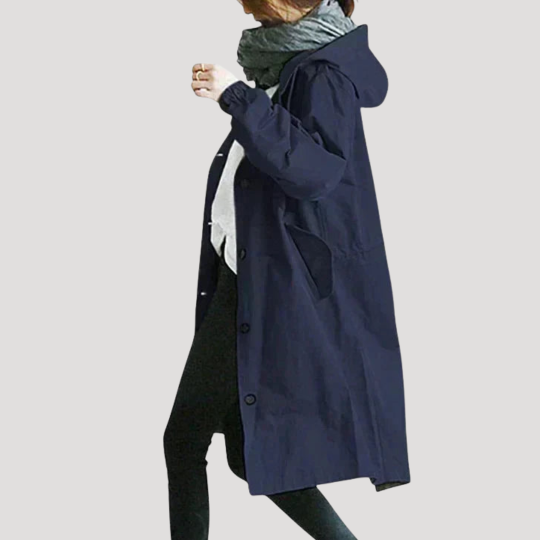 Manteau Long Femme Boutonné À Capuche Ajustable