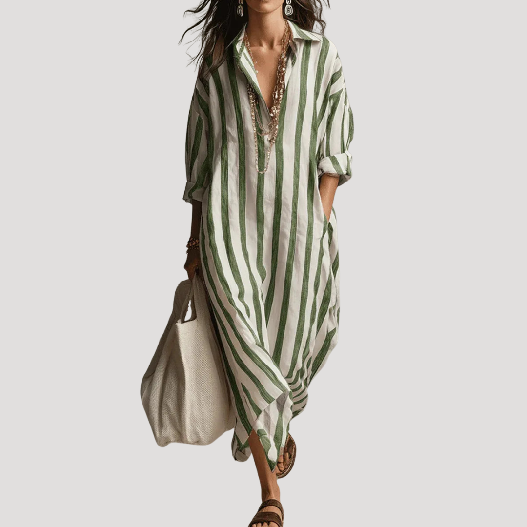Robe Chemise Femme Longue En Lin Rayé À Manches Retroussables