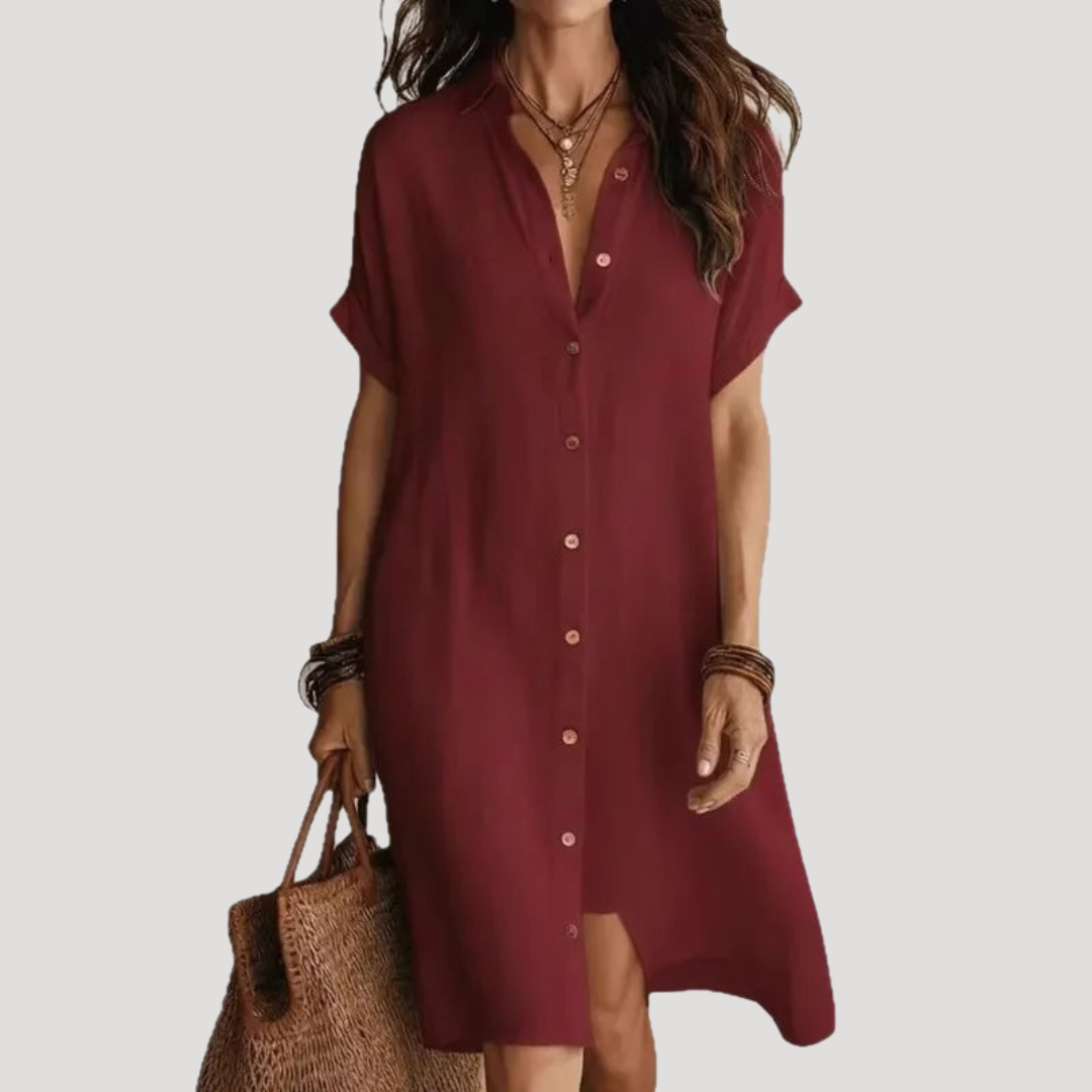 Robe Chemise Longue Femme Col V Boutonnée Manches Courtes