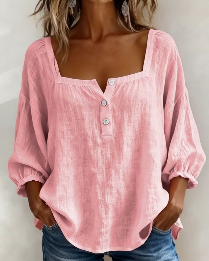 Blouse en lin mélangé à encolure carrée pour femme