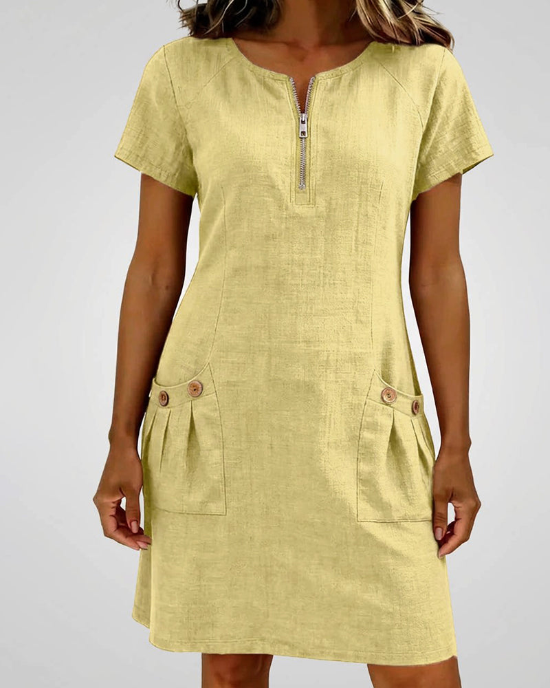 Robe courte coupe A-line en coton et lin à fermeture zippée pour femme