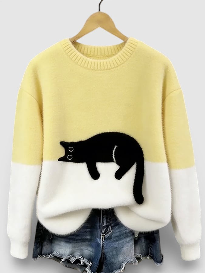 Pull Femme En Coton À Imprimé Chat Et Coupe Ample