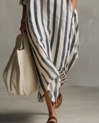 Robe maxi rayée à col revers et manches longues pour femme