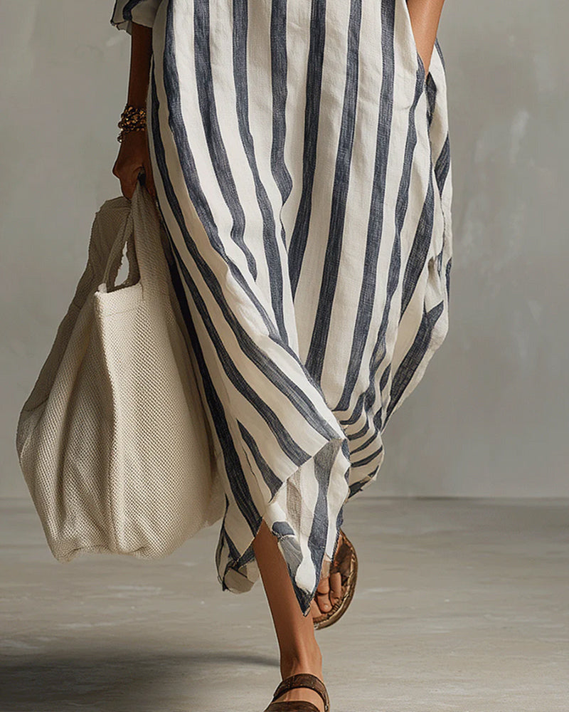 Robe maxi rayée à col revers et manches longues pour femme