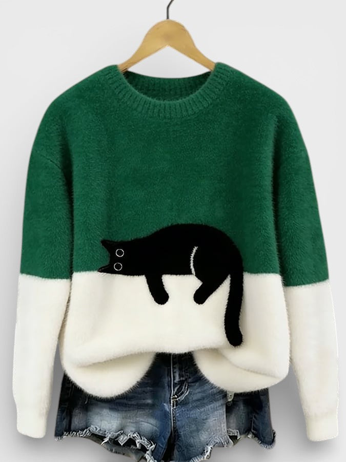 Pull Femme En Coton À Imprimé Chat Et Coupe Ample