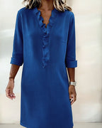 Robe Lin Femme À Col V Et Volants Manches Longues