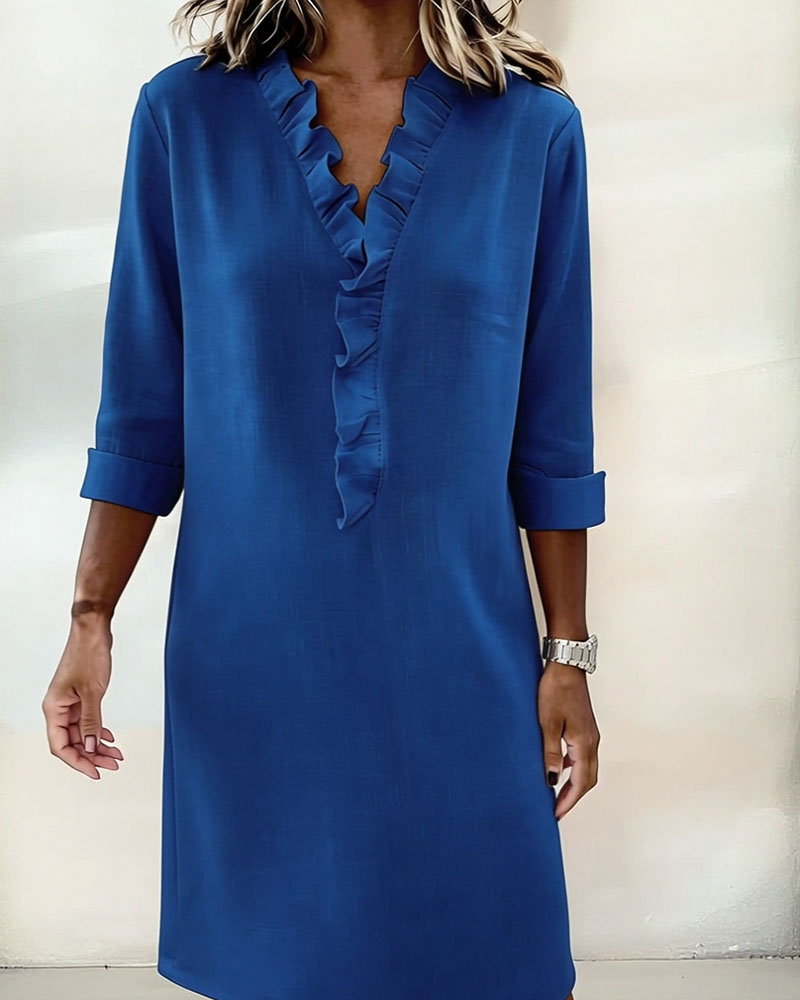 Robe Lin Femme À Col V Et Volants Manches Longues