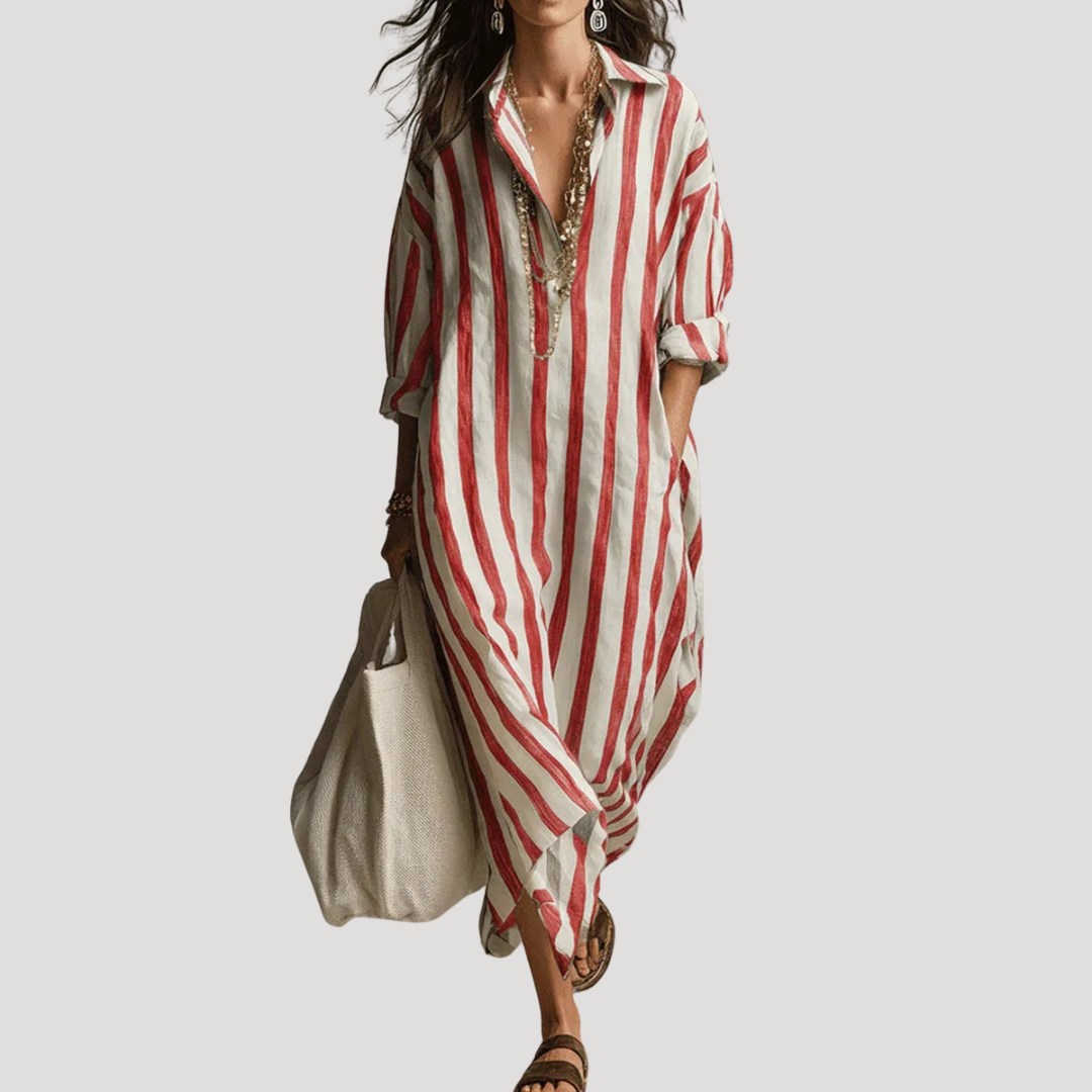 Robe Chemise Femme Longue En Lin Rayé À Manches Retroussables