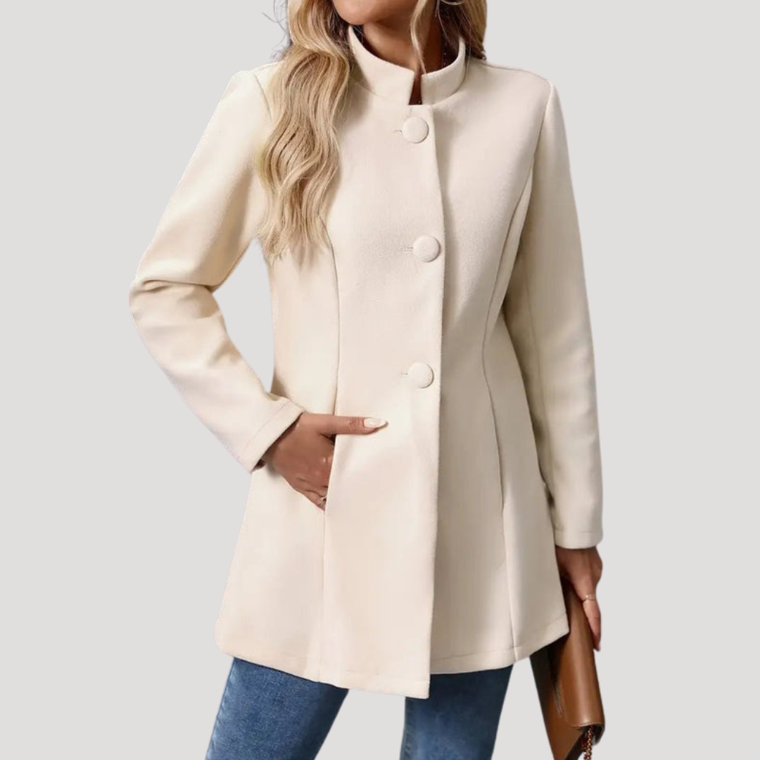 Manteau Femme Mi-Long Col Montant Poches Passepoilées