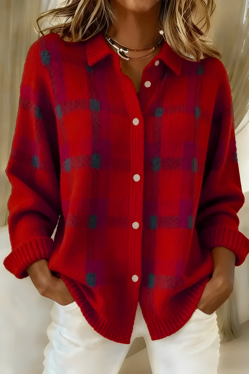 Cardigan Femme À Carreaux En Maille Douce Coupe Ample