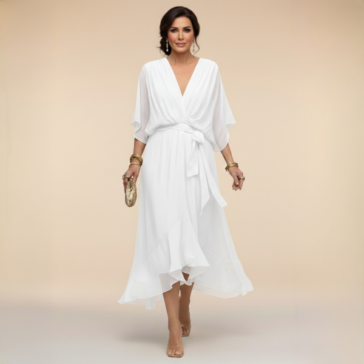 Robe en chiffon fluide col V ceinturée pour femme