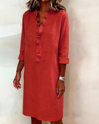 Robe Lin Femme À Col V Et Volants Manches Longues